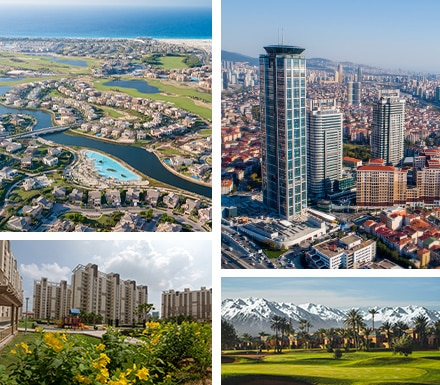 Collage of diverse urban and natural landscapes, featuring skyscrapers, residential areas, and scenic golf courses.