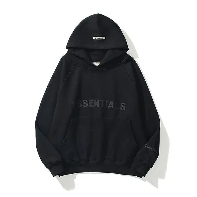 Black Essentials hoodie with front pocket and hood, featuring subtle logo design. Perfect for casual wear.