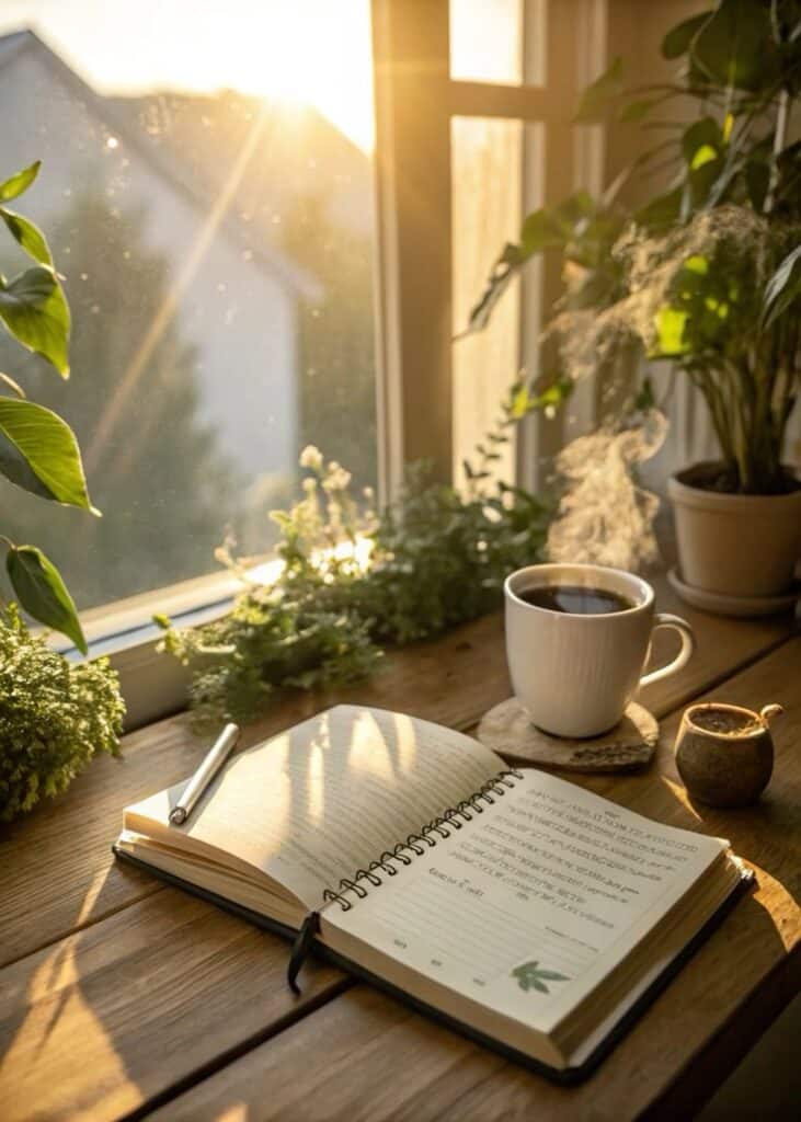 Cozy morning scene: open journal, steaming coffee, and plants by sunlit window. Perfect for writing inspiration.