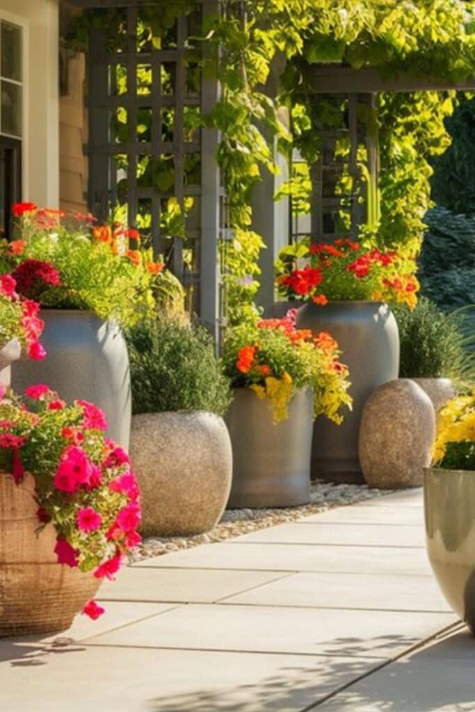 Colorful flower pots line a sunny garden path with greenery on trellis.