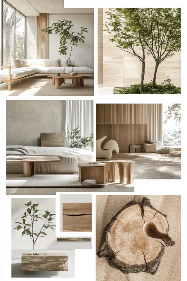Minimalist interior design collage with natural wood accents and greenery, highlighting modern furniture and decor elements.