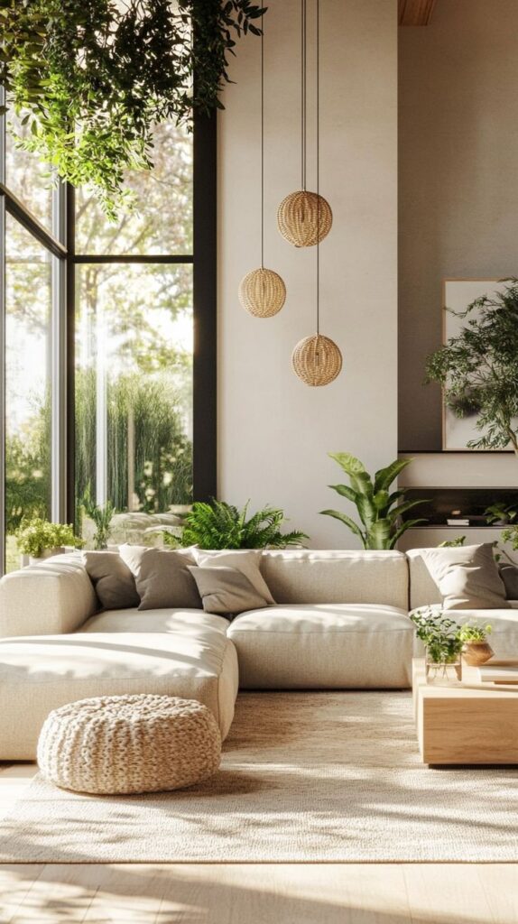 Modern living room with beige sofa, lush plants, and wicker lights framed by large windows and natural sunlight.