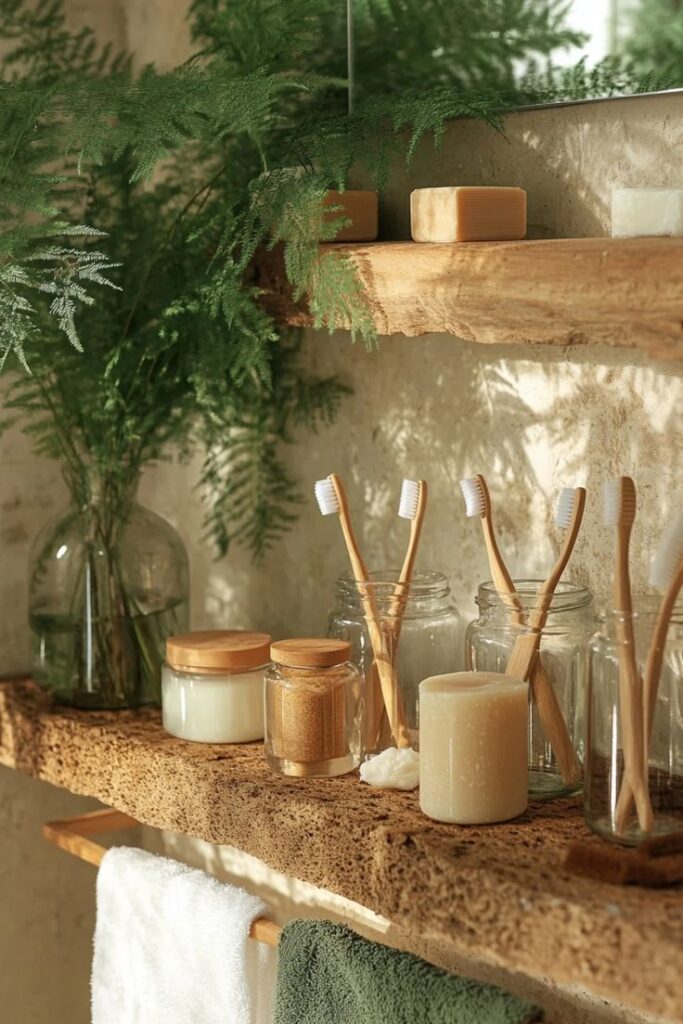 Natural bathroom decor with bamboo toothbrushes, glass jars, candles, and greenery on wood shelves. Eco-friendly design.