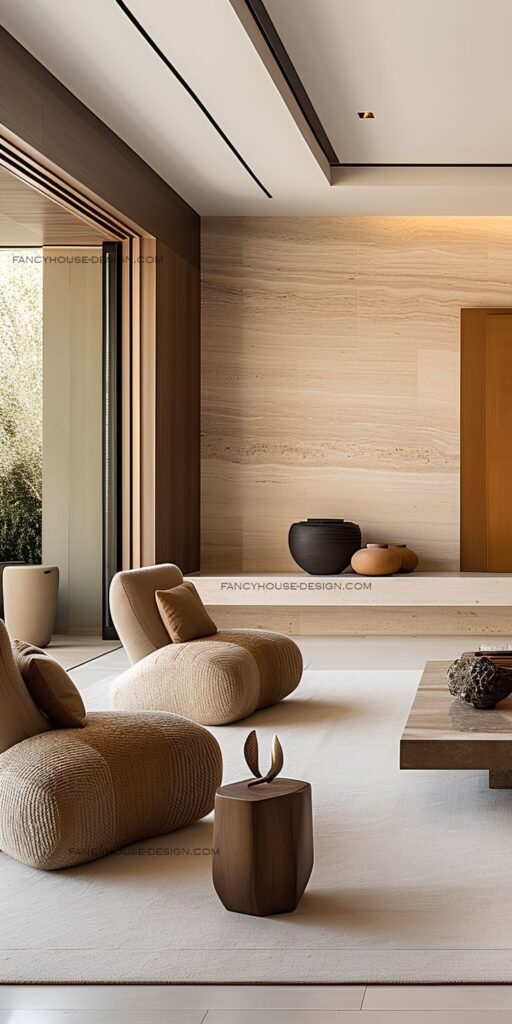 Modern minimalist living room with beige seating, wooden accents, and a large window for natural light. Cozy and elegant space.