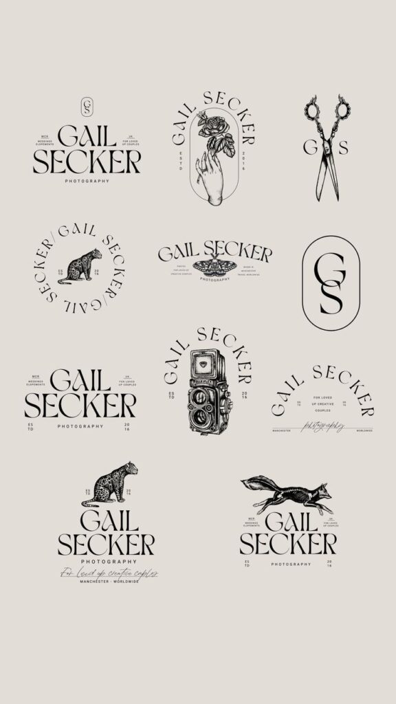 Creative logo designs for Gail Secker Photography featuring animals, roses, and vintage cameras.