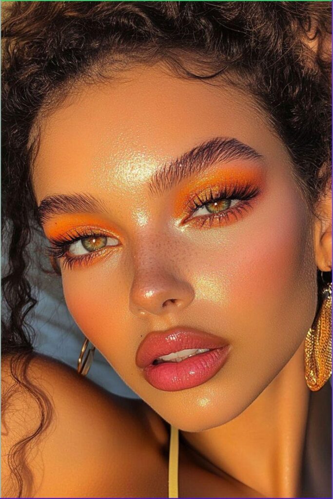 Effortless Glow_ Summer Makeup for a Natural Vibe Woman with vibrant orange eyeshadow and glossy lips, wearing gold earrings, captured in warm sunlight. | Sky Rye Design Woman with vibrant orange eyeshadow and glossy lips, wearing gold earrings, captured in warm sunlight.