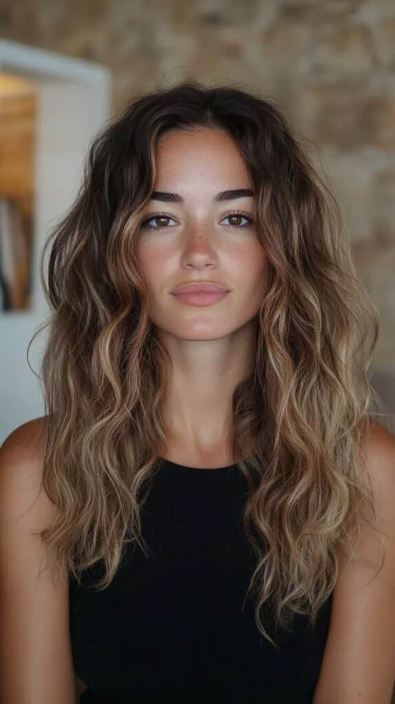 Woman with wavy, highlighted hair and black top, posing against a blurred background, showcasing natural beauty.