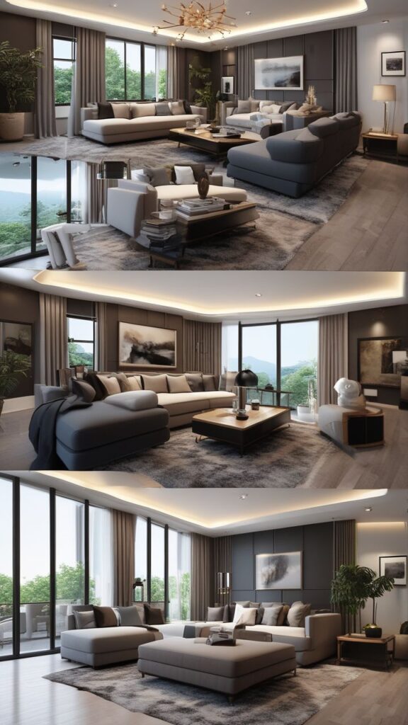 Luxurious modern living room with large windows, cozy sofas, and elegant decor in a spacious, well-lit setting.