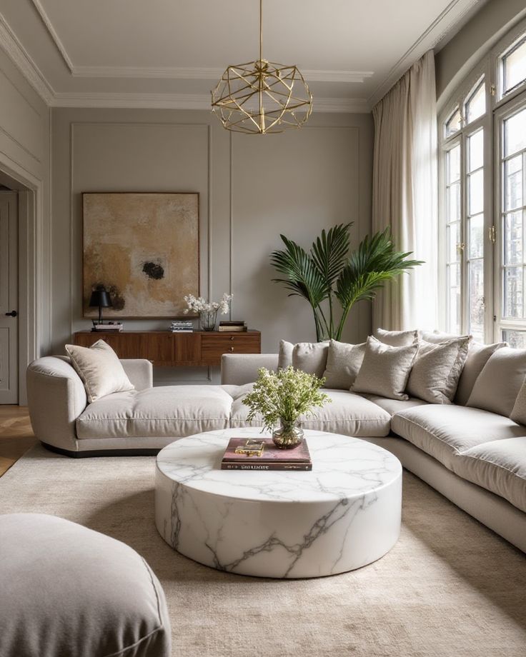 Modern living room with neutral sofa, marble coffee table, and large windows for natural light.