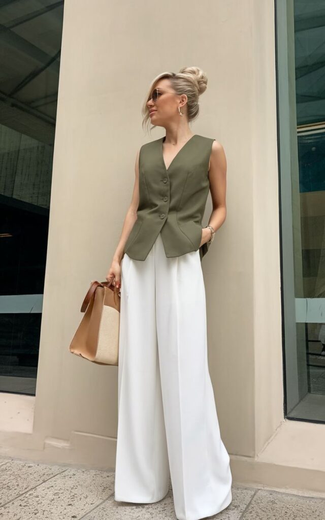 Elegant Summer Solid Color Waistcoat And Pants Suit Set Stylish woman in olive vest and white trousers holding a tan tote bag, standing against an urban backdrop. | Sky Rye Design Stylish woman in olive vest and white trousers holding a tan tote bag, standing against an urban backdrop.