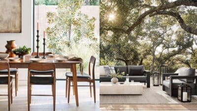 Modern dining room and outdoor seating area with elegant furniture and lush greenery, bathed in natural light.
