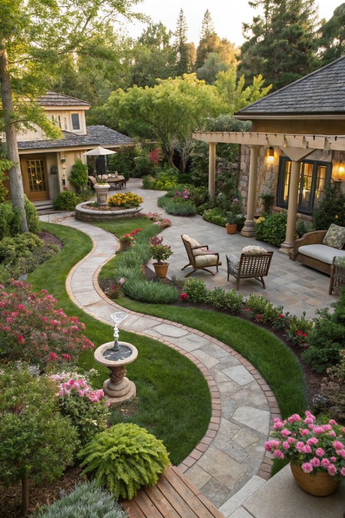 Lush garden with winding stone path, fountain, and cozy seating area under a pergola in a serene backyard setting.