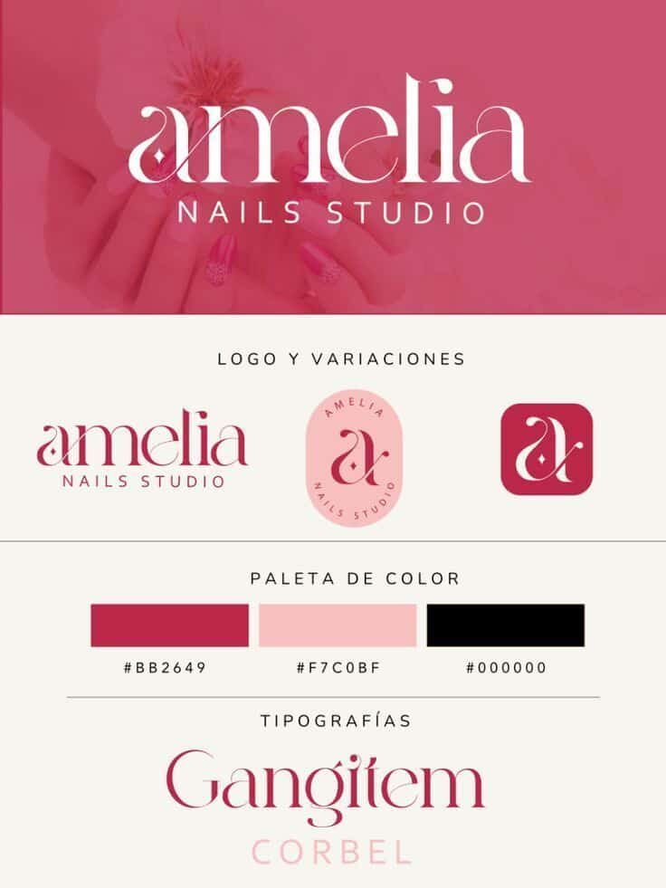 Branding materials for Amelia Nails Studio, showcasing logo variations, color palette, typography, and applications.