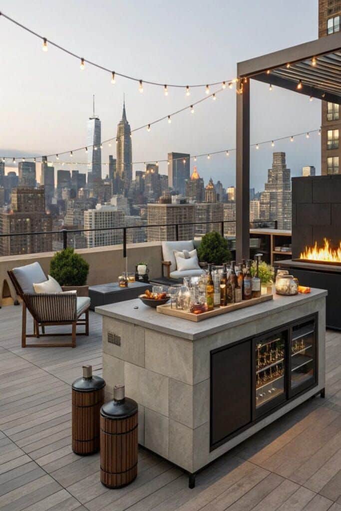 Rooftop patio with stylish bar, cozy seating area, string lights, and stunning skyline view at dusk.
