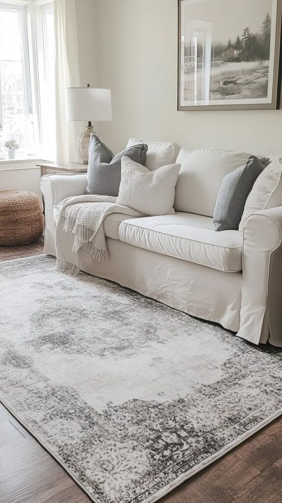 Modern living room with white sofa, cozy pillows, soft blanket, elegant lamp, and stylish patterned rug.