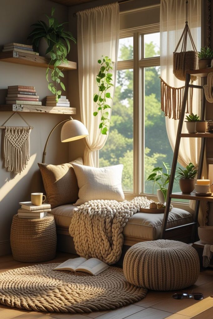 Cozy reading nook with plants, books, and soft lighting by a window. Natural decor and a blanket enhance relaxation.