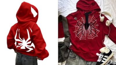 Red spider-themed hoodies with white designs, perfect for kids' and casual outfits, paired with jeans and sneakers.