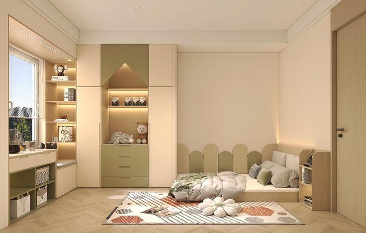 Modern children's bedroom with cozy bed, green accents, built-in shelves, and a large window. Bright and playful decor.