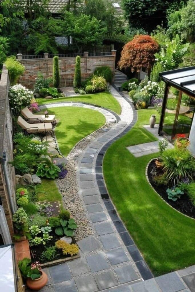 Elegant garden with winding stone path, lush green grass, and vibrant flowers surrounded by a privacy brick wall.
