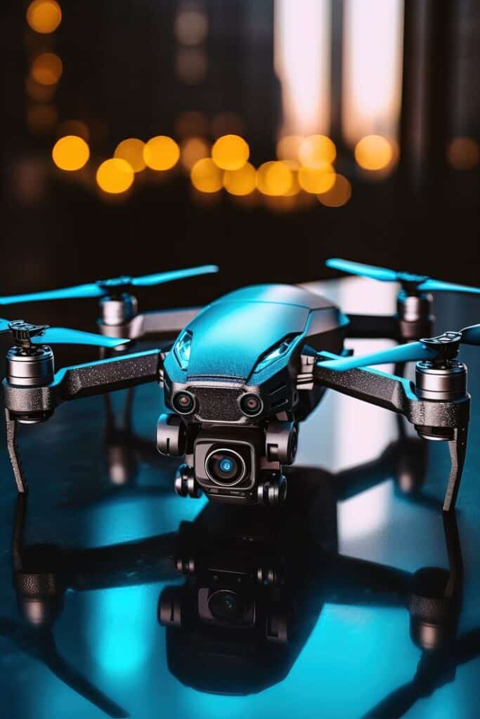 Sleek drone with camera on a reflective surface, city lights in the background. Advanced technology gadget.