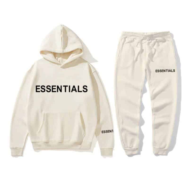 Beige Essentials hoodie and sweatpants set with black text, showcasing comfortable and stylish casual wear.