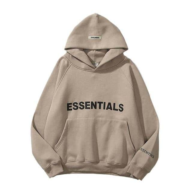 Essentials-Men-Women-Oversized-Hoodie-5 Beige Essentials hoodie with black text, featuring a front pocket and drawstring hood design. | Sky Rye Design Beige Essentials hoodie with black text, featuring a front pocket and drawstring hood design.