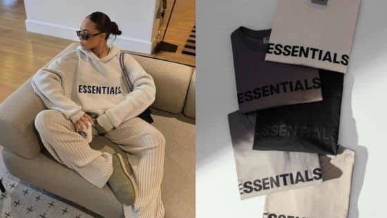 Essentials T-Shirt Is Perfect for Layering in Cooler Evenings Person in cozy Essentials sweater set on couch; four folded Essentials shirts in neutral colors displayed nearby. | Sky Rye Design Person in cozy Essentials sweater set on couch; four folded Essentials shirts in neutral colors displayed nearby.