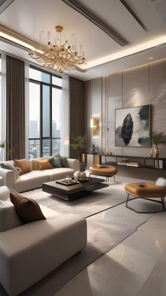 Luxurious modern living room with elegant chandelier, large windows, and sophisticated decor.