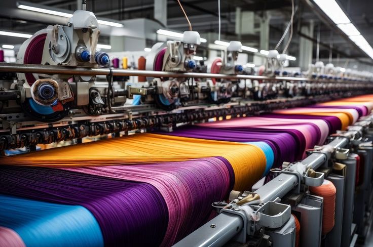 Textile machinery weaving vibrant colored threads in a factory setting.
