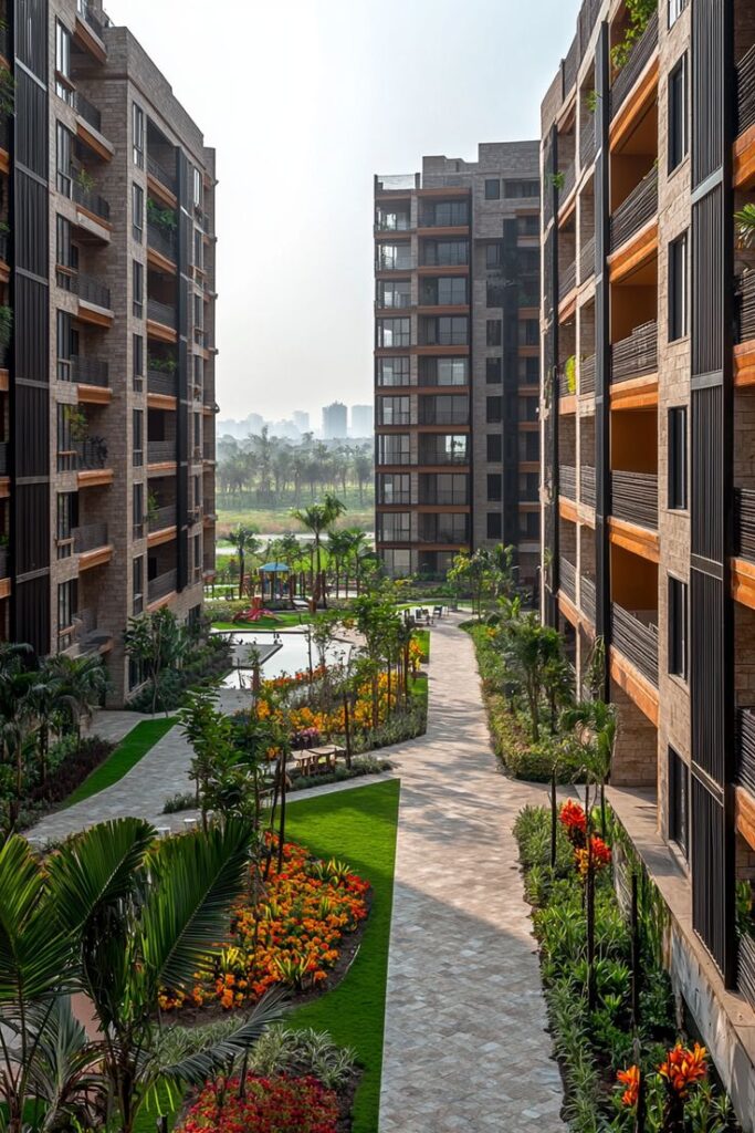 Modern apartment complex with landscaped gardens and pathways, featuring lush greenery and vibrant flower beds.