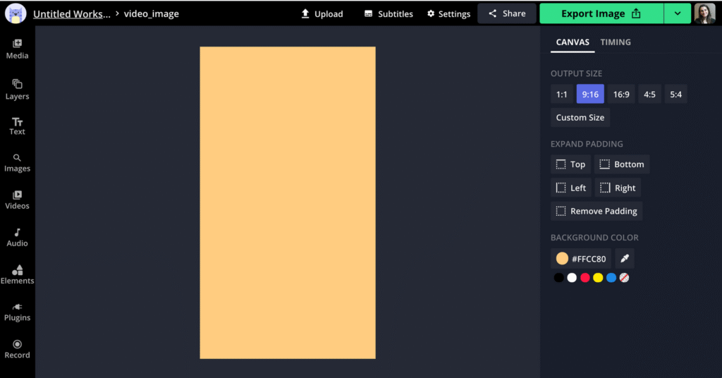Screenshot of a video editing interface with a beige canvas in 9:16 ratio and customization options on the right.
