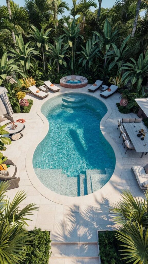 Luxurious tropical backyard with pool, hot tub, sun loungers, and lush greenery, perfect for relaxation and entertainment.