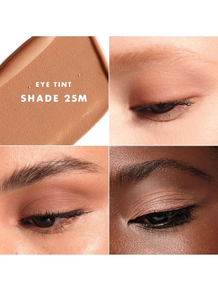 Eye tint in shade 25M shown on diverse skin tones, highlighting product pigmentation and smooth application.