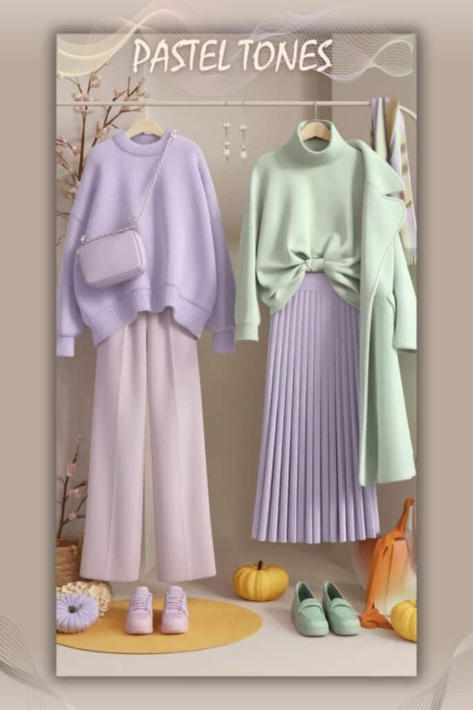 Pastel-toned outfits with sweaters, pleated skirts, and accessories for a stylish autumn look.