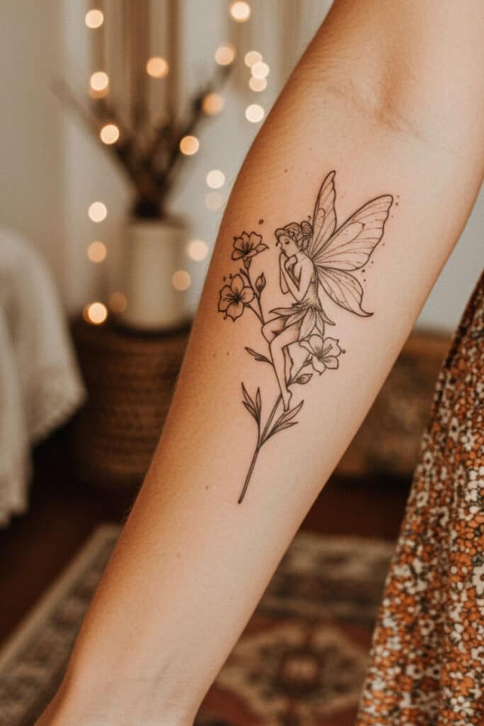 Fairy tattoo with flowers on forearm, delicate ink design with whimsical, magical vibes.