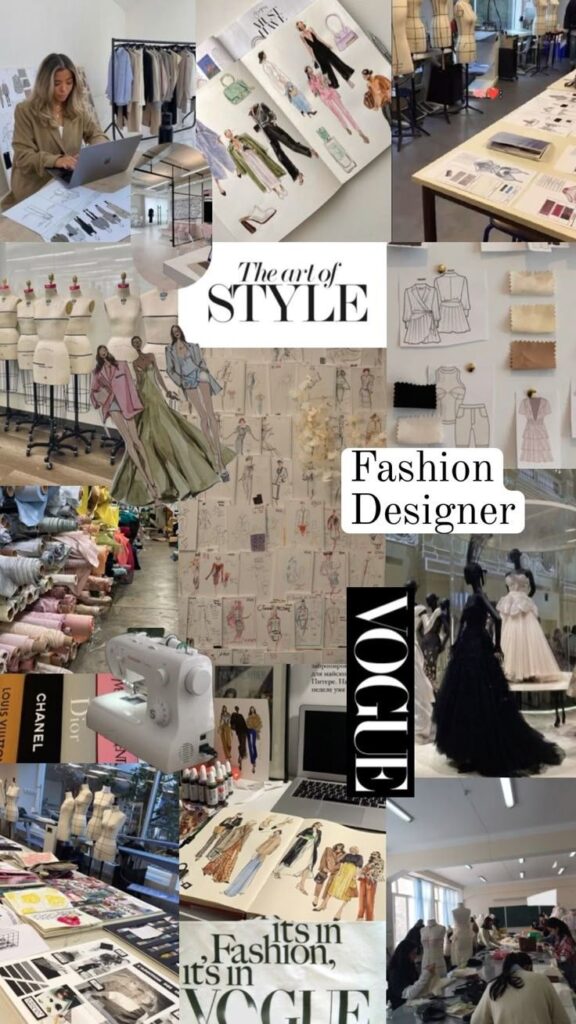 Fashion design studio with sketches, mood boards, and sewing tools for style creation and inspiration.