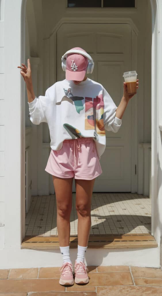Person in pink activewear, headphones, and cap holding iced coffee, enjoying a sunny day on a porch.