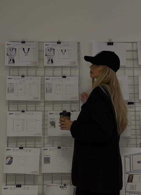 Person examining fashion design sketches on wall, holding coffee cup, wearing a cap and dark jacket.