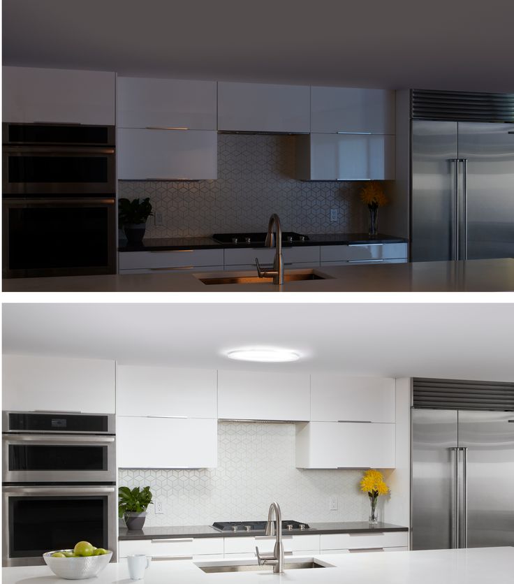 Modern kitchen comparison: dim vs. bright lighting. White cabinets, stainless appliances, and decorative plants.