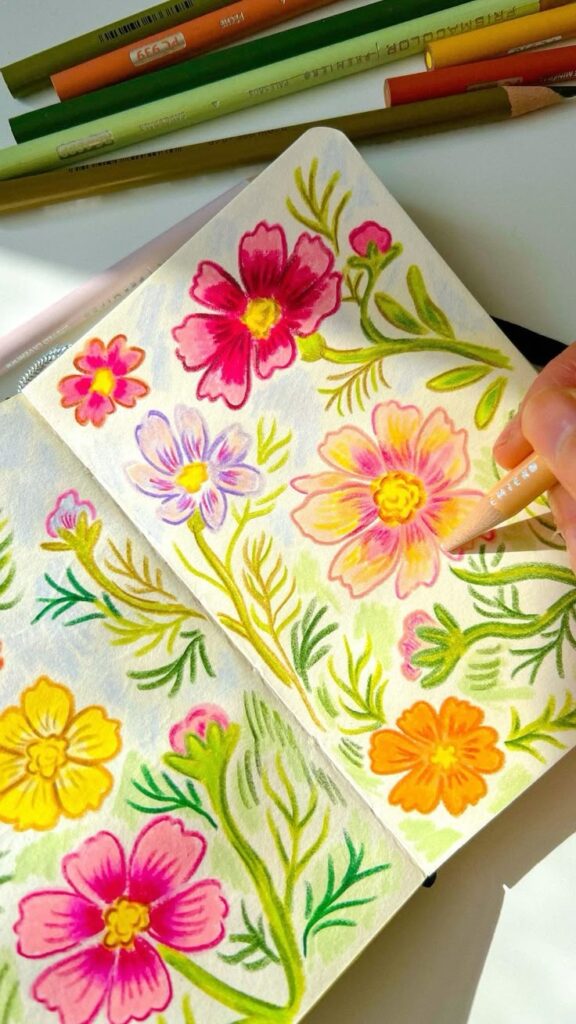 Hand-drawing vibrant flowers in a sketchbook with colored pencils nearby.