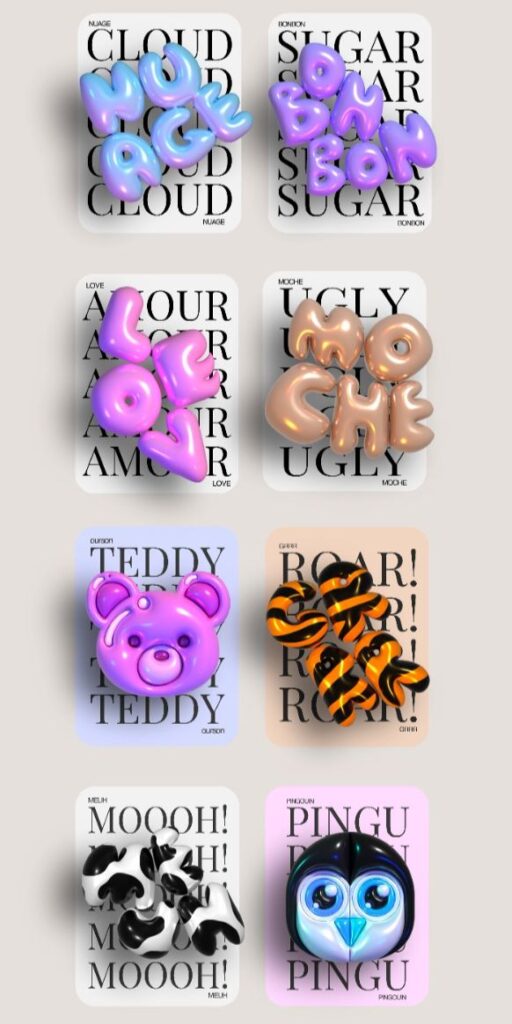 Colorful 3D balloons and figures with text like NUAGE and Pingu on cards with playful typography.