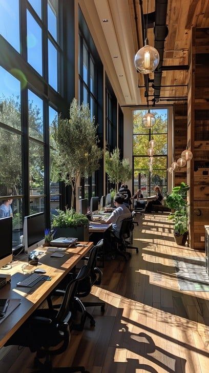 Modern coworking space with natural light, large windows, wooden decor, and greenery, fostering a productive work environment.