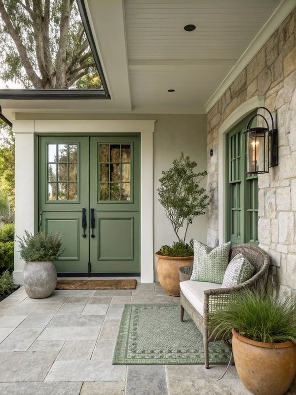 French Country Cottage Farmhouse _ Beautiful 🌿🫒💚🌿🫒💚🌿🫒 _ Facebook Charming porch with green double doors, cozy seating, stone wall, and potted plants creating a welcoming entrance. | Sky Rye Design Charming porch with green double doors, cozy seating, stone wall, and potted plants creating a welcoming entrance.