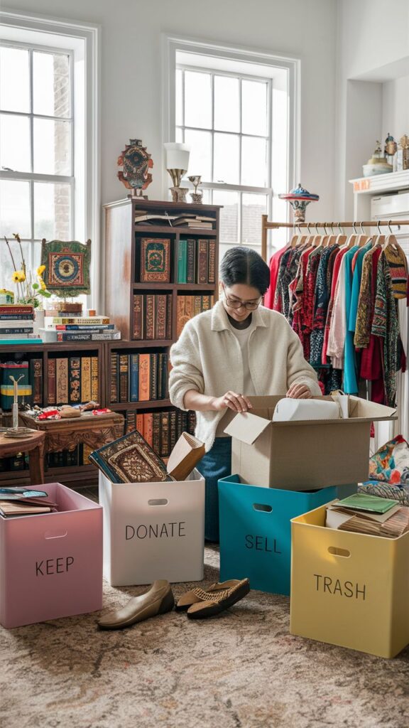 Person organizing items into boxes labeled Keep, Donate, Sell, and Trash amidst a colorful room with books and clothing.
