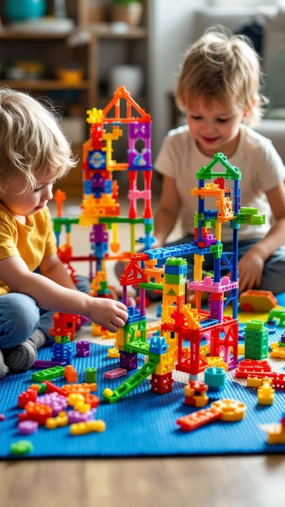 Children playing with colorful building blocks on a blue mat, focusing on creativity and fun.