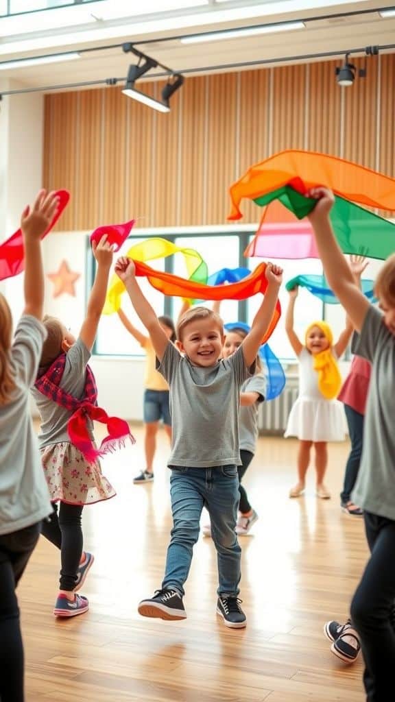 Children joyfully playing with colorful scarves in a bright, cheerful dance class.