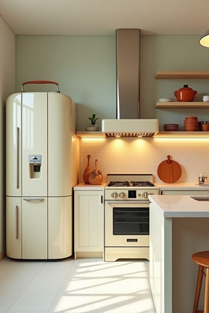 Modern kitchen with retro appliances, beige fridge, oven, white countertops, and wooden shelves with pottery decor.