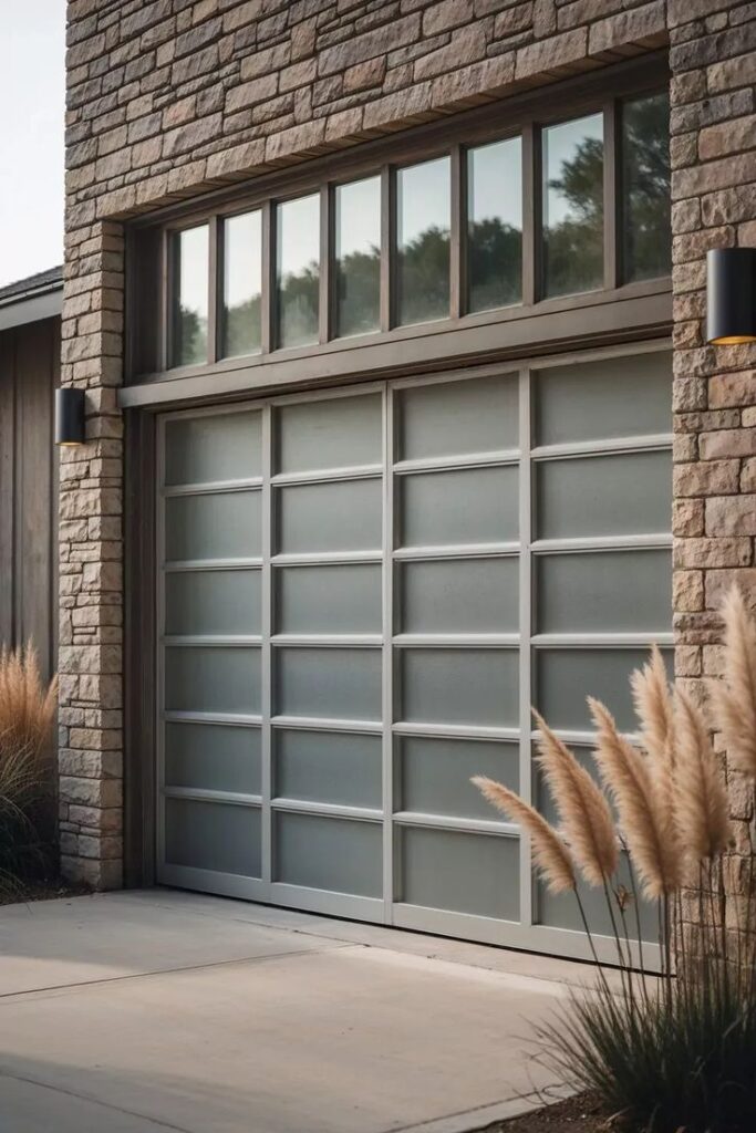 Modern glass garage door with stone wall and ornamental grass landscaping.