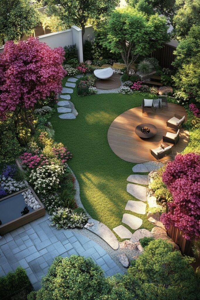 Garden Ideas - Garden Idea _ Facebook Lush garden with stone path, vibrant flowers, wooden deck, and cozy seating area under colorful trees. | Sky Rye Design Lush garden with stone path, vibrant flowers, wooden deck, and cozy seating area under colorful trees.
