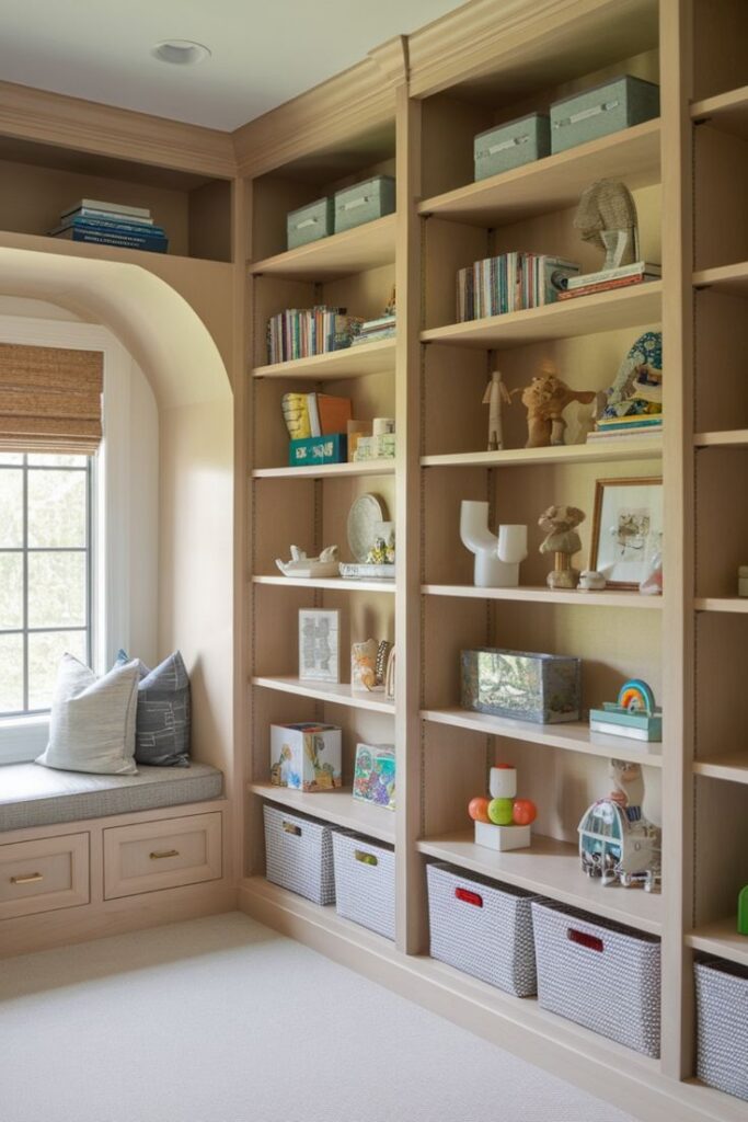 Built-in bookshelves with decor and storage baskets beside a cozy window seat with cushions in a bright room.